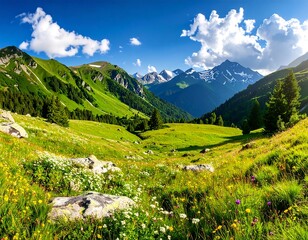 Lush green valley and mountains under a bright blue sky with clouds (1)