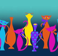 Colorful Pop Art Cats and Vases Illustration, Modern Abstract Graphic Design with Bright  Neon Colors
