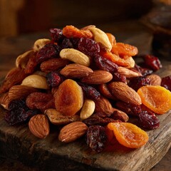 Mixed Nuts And Dried Fruits On Wooden Board