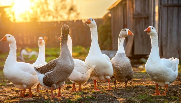 Group of geese standing in a yard, illuminated by the setting sun