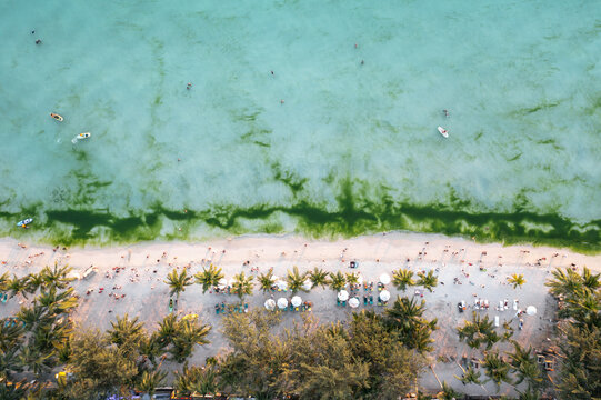 Aerial top down view of sandy beach and ocean, Boracay, Philippines