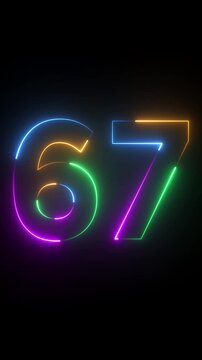 Neon glowing text 67 number animation on black background.67 number neon bright blue red and orrange color.Shining green neon number sixty seven animation.