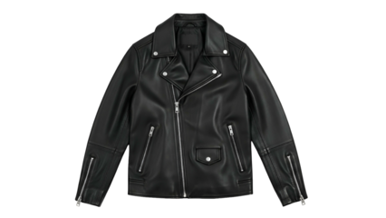 Classic black leather motorcycle style outerwear garment displayed against a solid dark background