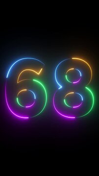 Neon glowing text 68 number animation on black background.68 number neon bright blue red and orrange color.Shining green neon number sixty eight animation.
