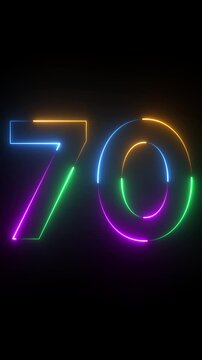 Neon glowing text 70 number animation on black background.70 number neon bright blue red and orrange color.Shining green neon number seventy animation.