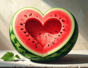 Heart-shaped watermelon with seeds, green rind, and a leaf