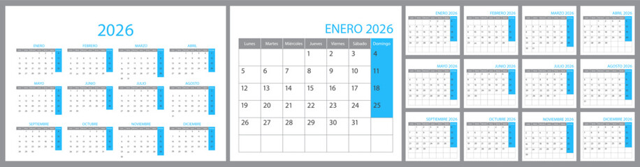 Spanish calendar and planner 2026 year, schedule month calender, organizer template background. Week starts on Monday. Business personal page for Spain. Modern simple dairy. Vector illustration