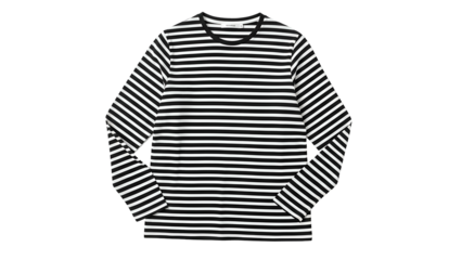 Long sleeve top featuring horizontal black and white stripes displayed against a dark background