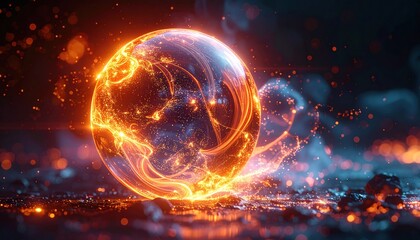 Glowing orb with energy trails amidst debris and smoke, bright scene