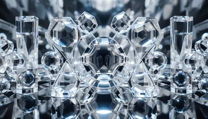 Intricate geometric crystal formations shimmering with cool light, evoking modern luxury and abstract artistry for sophisticated design.