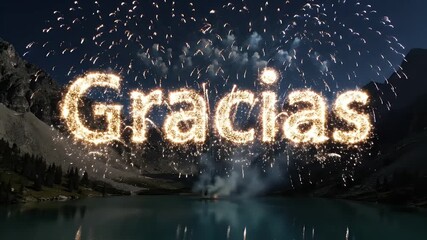 A picturesque night scene with fireworks spelling "Gracias" above a calm lake in mountainous terrain