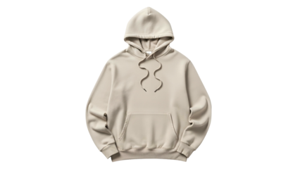 Plain beige colored pullover garment with hood displays against a solid dark background