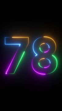 Neon glowing text 78 number animation on black background.78 number neon bright blue red and orrange color.Shining green neon number seventy eight animation.
