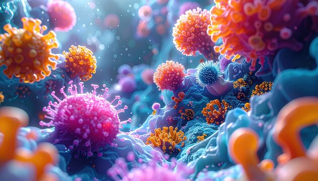 Microscopic illustration showcasing vibrant, colorful viral particles