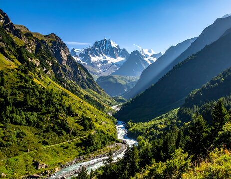 Lush green valley with a flowing river and snow-capped mountain peaks