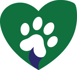 Fototapeta premium Green Heart with White Paw Print Pet Love and Care Icon Vector Illustration