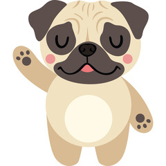 Cute cartoon pug dog waving hello with closed eyes and pink cheeks on a transparent background detailed vector illustration