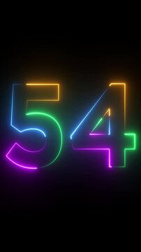 Neon glowing text 54 number animation on black background.54 number neon bright blue red and orrange color.Shining green neon number fifty four animation.