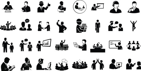 Fototapeta premium Collection of business and professional icons representing people in various work situations and activities