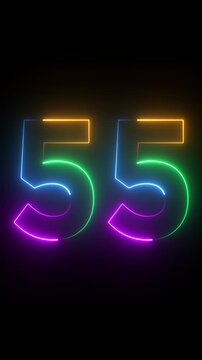 Neon glowing text 55 number animation on black background.55 number neon bright blue red and orrange color.Shining green neon number fifty five animation.