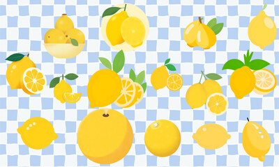 seamless pattern with easter eggs, fruits and vegetables. Fresh yellow lemons whole and slices with green leaves seamless pattern. Fresh yellow lemons with mints overhead view