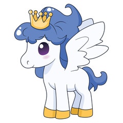 Cute Cartoon Pegasus Horse with Blue Mane and Tail Wearing a Golden Crown and White Wings Standing on Transparent Background