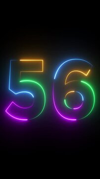 Neon glowing text 56 number animation on black background.56 number neon bright blue red and orrange color.Shining green neon number fifty six animation.