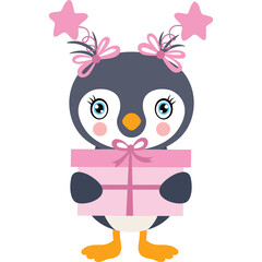Cute Cartoon Penguin Character Holding a Pink Gift Box with Pink Stars and Bows on Head on Transparent Background