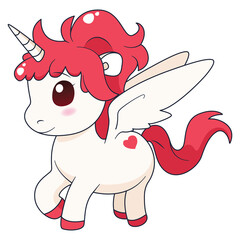 Cute cartoon pegasus unicorn with flowing pink mane and tail white body with pink heart on its side and small wings with a unicorn horn on its head isolated on a transparent background