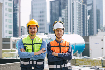 Professional engineer man team. Portrait confident teamwork piping engineering service with safety