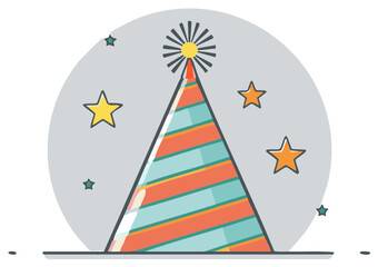 Festive Birthday Party Hat with Stripes and Stars Simple Flat Icon Illustration