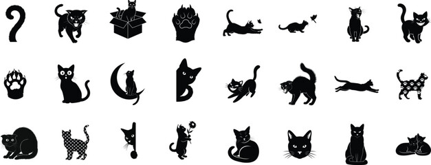 Fototapeta premium Collection of silhouetted black cats in various poses and activities on a white background
