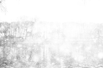 Fototapeta premium snowfall in the park, snowflakes on the background of branches, heavy thick snowfall abstract blurred background