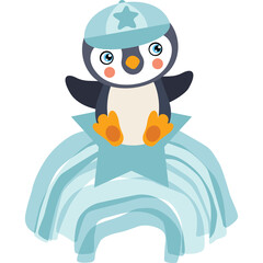 Cute cartoon penguin wearing a blue baseball cap with a star sitting on a blue ice formation with a transparent background