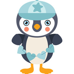 Cute Cartoon Penguin Wearing A Blue Hat And Holding A Heart Garland With A Transparent Background