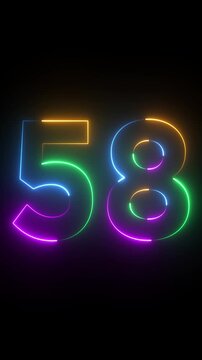 Neon glowing text 58 number animation on black background.58 number neon bright blue red and orrange color.Shining green neon number fifty eight animation.