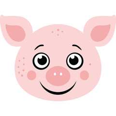 Cute cartoon pig face illustration with pink ears and freckles on transparent background