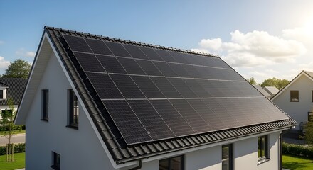 Fototapeta premium Photovoltaic solar panels installed on the black roof of a modern residential home for sustainable energy