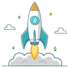 Cartoon illustration of a rocket launching into the sky with stylized clouds and stars.