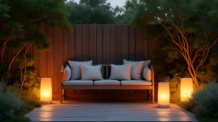Illuminated Garden Oasis: Serene Outdoor Seating Area with Ambient Lighting