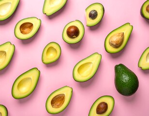 Overhead shot of ripe avocados, halved and whole, on pink backdrop