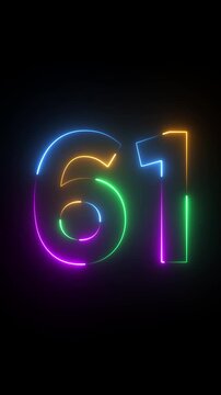 Neon glowing text 61 number animation on black background.61 number neon bright blue red and orrange color.Shining green neon number sixty one animation.