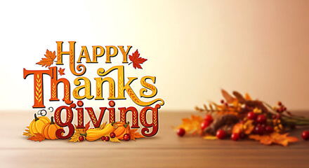 Happy Thanksgiving text with pumpkins and autumn foliage on wooden surface lettering