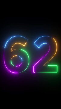 Neon glowing text 62 number animation on black background.62 number neon bright blue red and orrange color.Shining green neon number sixty two animation.