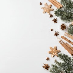 Minimal Christmas Flat Lay with Gingerbread Cookies and Pine Branches with copyspace on White Background