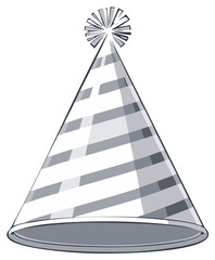 Party hat illustration in black and white, with a pom-pom top and striped design.