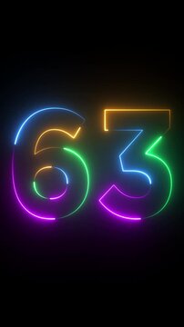Neon glowing text 63 number animation on black background.63 number neon bright blue red and orrange color.Shining green neon number sixty three animation.