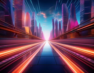 Fototapeta premium Neon Future: Fast Track Through a Vibrant Cityscape of High-Rise Buildings Under a Dynamic Sky