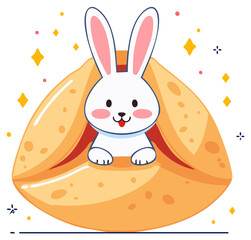 Cute cartoon rabbit popping out of a fortune cookie with sparkling elements