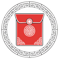 Festive Red Envelope Illustration with Auspicious Chinese Symbols and Decorative Geometric Border